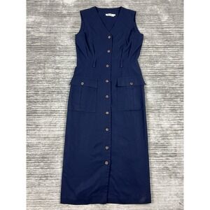 Vintage Ronnie Heller Dress Womens 8 Blue Made‎ in USA Maxi Button Up Pockets